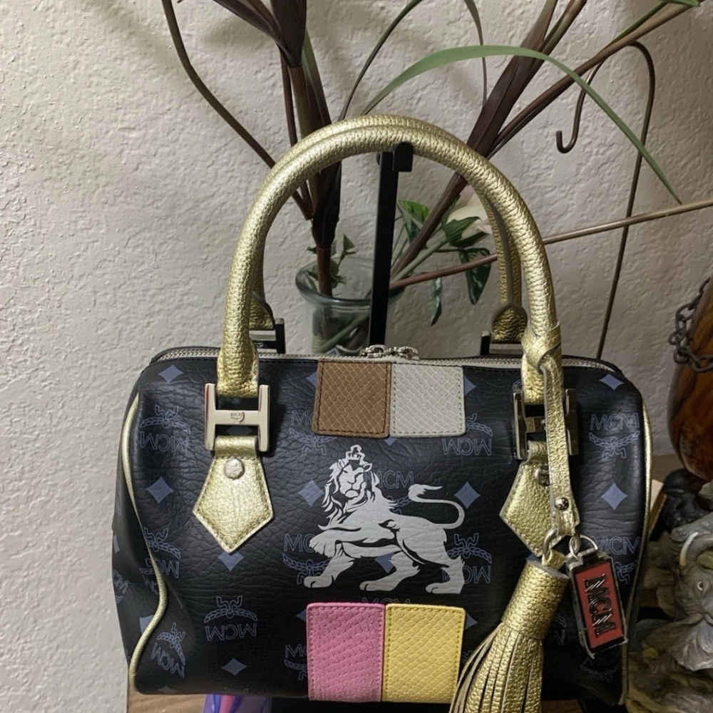 MCM Black Satchel with Gold Handles and Multicolor Accents